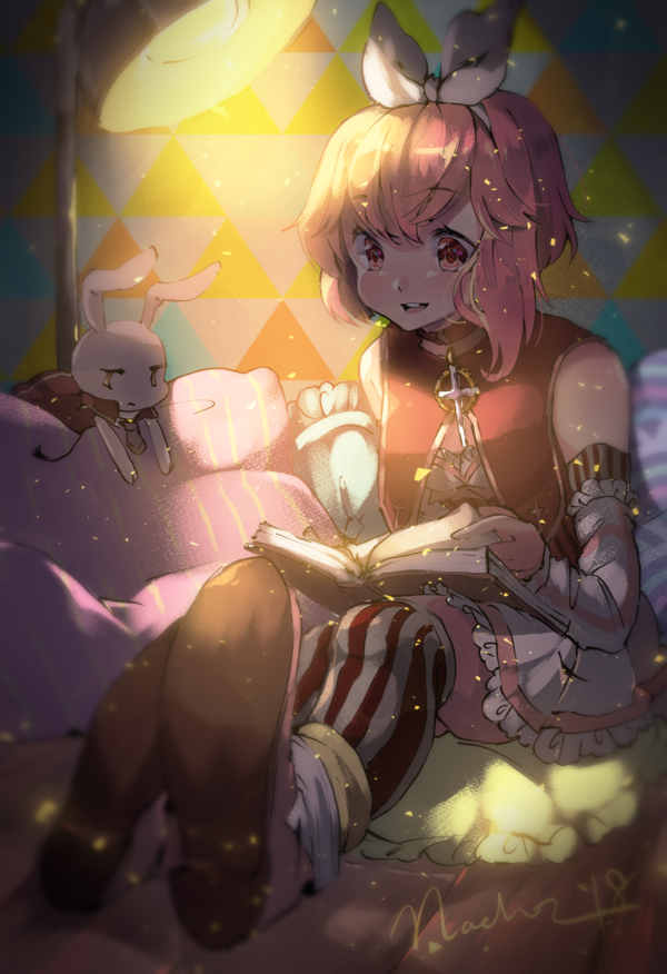 bare_shoulders bedroom blurry book bow dark depth_of_field gloves hair_bow hair_ribbon light light_particles nachoz_(natsukichann) open_book open_mouth original perspective pink_eyes pink_hair reading ribbon short_hair sitting smile