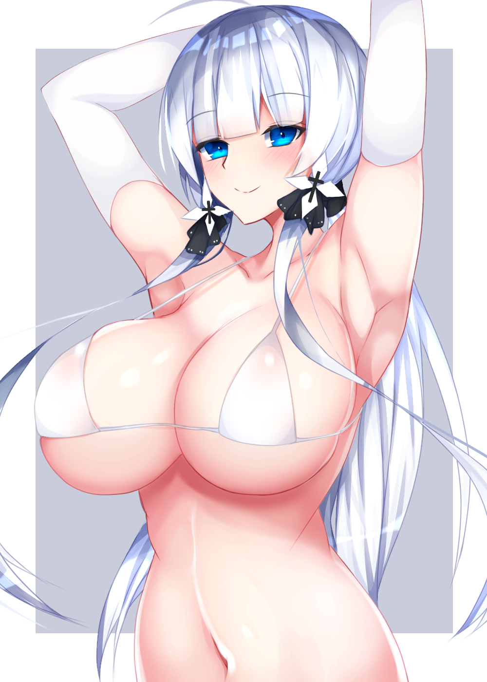 1girl ahoge armpits arms_behind_head arms_up bikini blue_eyes blush breasts cleavage huge_breasts long_hair navel smile solo twintail white_hair