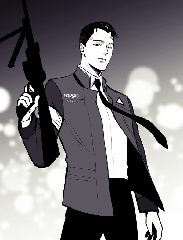 assault_rifle blurry blurry_background collared_shirt commentary connor_(detroit) cowboy_shot depth_of_field detroit:_become_human english_commentary greyscale gun holding holding_gun holding_weapon jacket kanapy long_sleeves looking_at_viewer male_focus monochrome necktie open_clothes open_jacket parted_lips rifle shirt solo standing weapon wing_collar