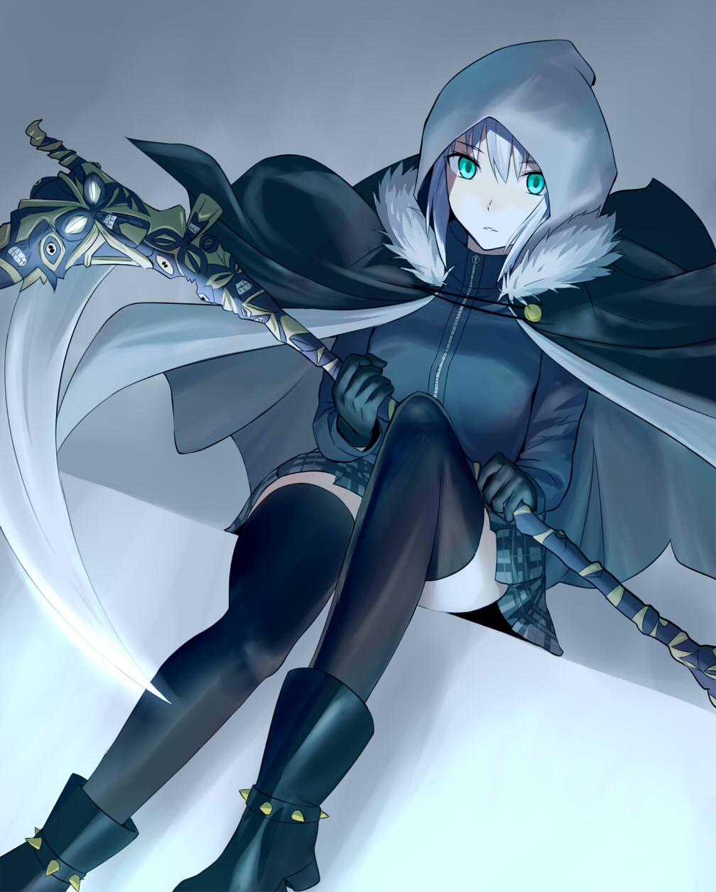 aqua_eyes bangs black_cape black_footwear black_gloves black_legwear blunt_bangs boots cape dutch_angle eyebrows_visible_through_hair fate_(series) fur_trim gloves gray_(lord_el-melloi_ii) grey_background hair_between_eyes highres holding holding_weapon hood jack-barro long_hair looking_at_viewer lord_el-melloi_ii_case_files miniskirt parted_lips pleated_skirt scythe simple_background sitting skirt solo thighhighs weapon zettai_ryouiki zipper