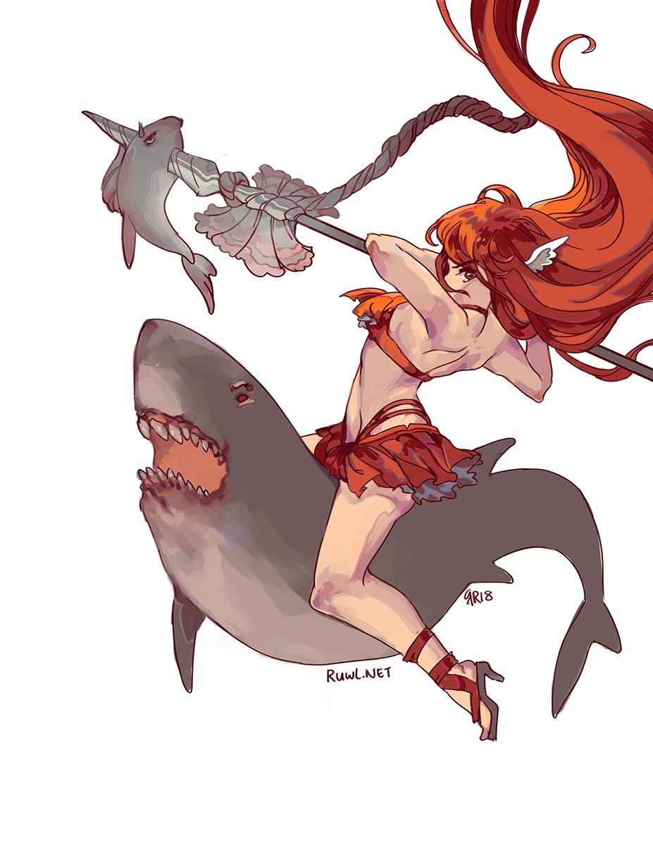 1girl angry bare_shoulders bikini feet fire_emblem fire_emblem:_kakusei fire_emblem_heroes fish full_body hair_ornament high_heels highres lance long_hair looking_away parasol polearm red_eyes red_hair red_swimsuit sandals shark shell simple_background solo summer swimsuit thighs tiamo very_long_hair weapon white_background winged_hair_ornament