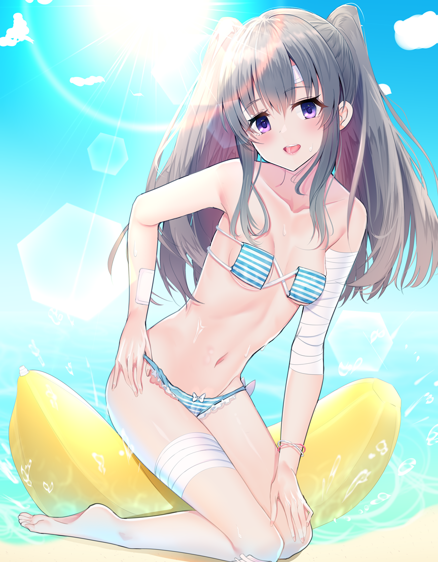 :d adjusting_clothes adjusting_swimsuit amrita_(amber78gou) armpits backlighting banana_boat bandaged_arm bandaged_leg bandages bandaid bandaid_on_arm bandaid_on_face bandaid_on_forehead bandaid_on_knee bangs barefoot beach bikini blue_bikini blue_sky bow bow_bikini bracelet breasts cleavage cloud collarbone cross-laced_clothes day eyebrows_visible_through_hair eyepatch_bikini feet frilled_bikini frills from_side full_body grey_hair groin hair_between_eyes hand_on_own_knee head_tilt hexagon idolmaster idolmaster_shiny_colors inflatable_toy jewelry leaning_forward lens_flare light_rays long_hair looking_at_viewer lowleg lowleg_bikini navel ocean open_mouth outdoors parted_bangs purple_eyes sideboob sidelocks sitting sky small_breasts smile soles solo splashing straight_hair striped striped_bikini sun sunbeam sunlight swimsuit tongue twintails underboob upper_teeth very_long_hair wariza water wet white_bikini white_bow yuukoku_kiriko