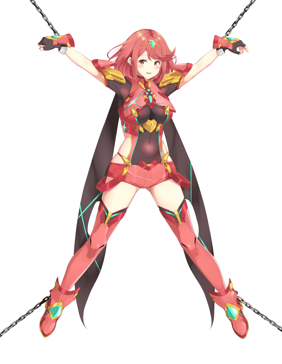 agano_(yoshii_aki) ankle_boots armor armored_boots bare_hips bdsm bondage boots bound breasts chain commentary commission covered_navel english_commentary full_body gloves gold_trim hair_between_eyes hanging homura_(xenoblade_2) large_breasts looking_at_viewer open_mouth red_eyes red_footwear red_hair short_hair side_cutout simple_background solo white_background xenoblade_(series) xenoblade_2