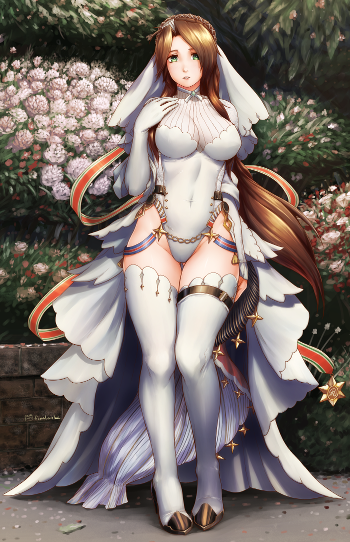 ass_visible_through_thighs breasts bridal_veil brown_hair chinese_commentary commentary_request dress elbow_gloves finalcake full_body girls_frontline gloves green_eyes hair_ornament high_heels large_breasts lee-enfield_(girls_frontline) leotard long_hair looking_at_viewer parted_lips showgirl_skirt solo standing thighhighs veil wedding_dress white_gloves white_legwear white_leotard