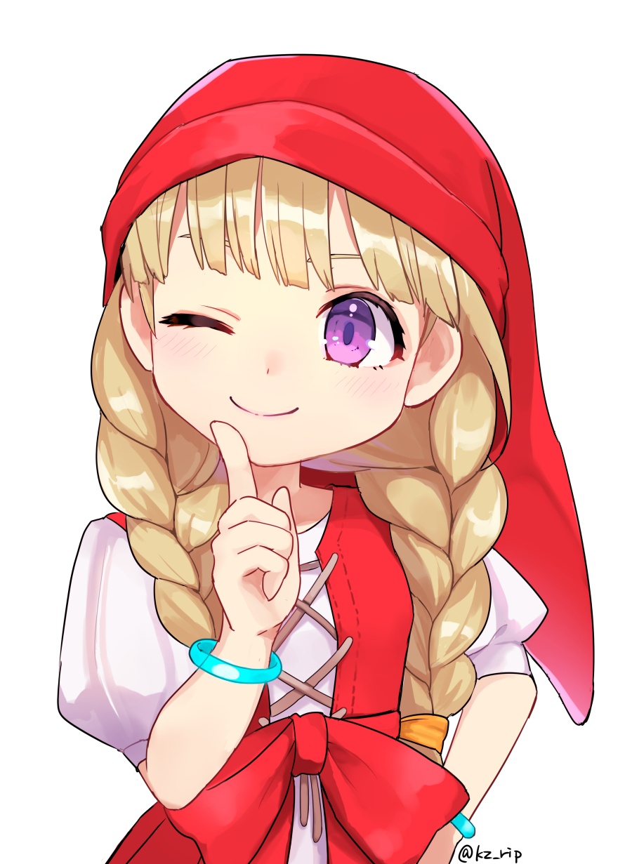 ;) bangs blonde_hair bracelet braid closed_mouth dragon_quest dragon_quest_xi hat highres jewelry kz_ripo long_hair one_eye_closed puffy_short_sleeves puffy_sleeves purple_eyes red_hat short_sleeves simple_background smile solo twin_braids twitter_username upper_body veronica_(dq11) white_background