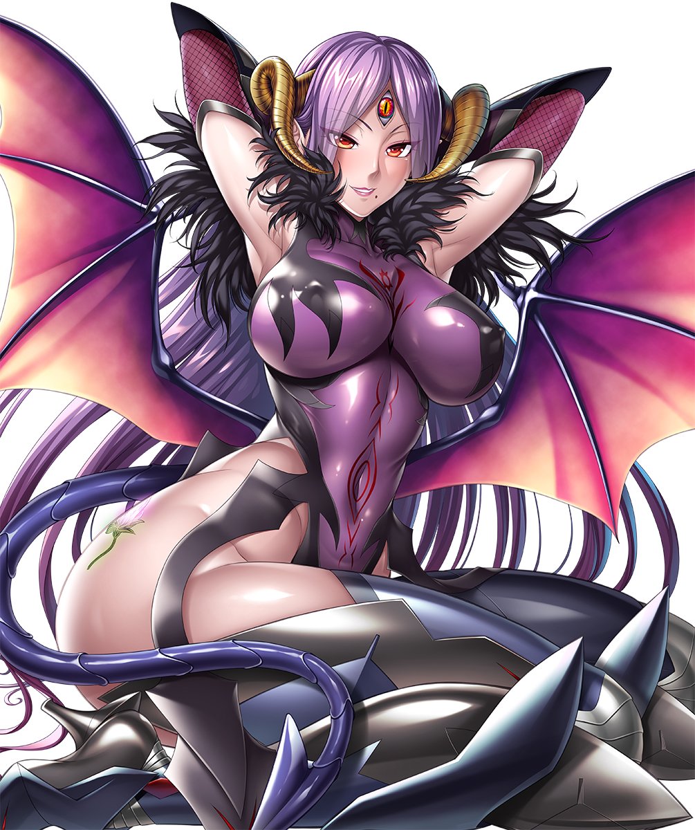 1girl ass bare_shoulders black_legwear boots breasts commentary_request covered_navel curvy demon_girl demon_horns demon_tail demon_wings elbow_gloves female fishnets fuuma_saika gloves highleg highleg_leotard highres hips horns huge_ass impossible_clothes impossible_leotard large_breasts leotard lilith-soft lipstick long_hair looking_at_viewer makeup mole mole_under_eye nipples pale_skin parted_lips partially_visible_vulva purple_hair purple_leotard red_eyes shiny shiny_clothes shiny_hair shiny_skin sitting skin_tight smile solo spread_legs succubus sweat tail taimanin_(series) taimanin_asagi_battle_arena teeth thighhighs thighs third_eye torn_clothes wings zol