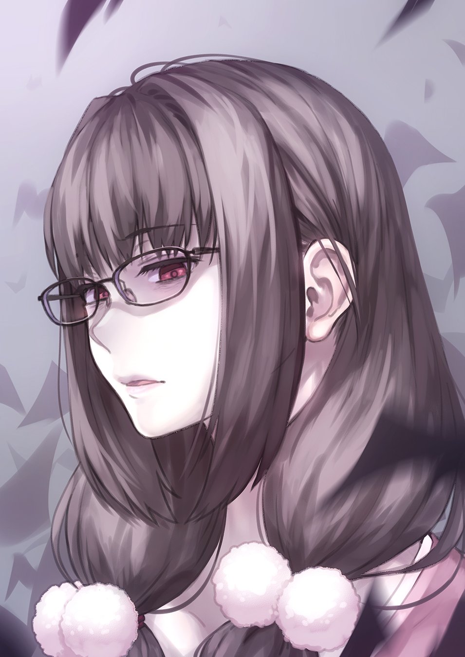 bespectacled brown_hair commentary_request ears_visible_through_hair eyebrows_visible_through_hair fate/grand_order fate_(series) glasses grey_background highres long_hair looking_away osakabe-hime_(fate/grand_order) parted_lips pom_pom_(clothes) puyo red_eyes solo