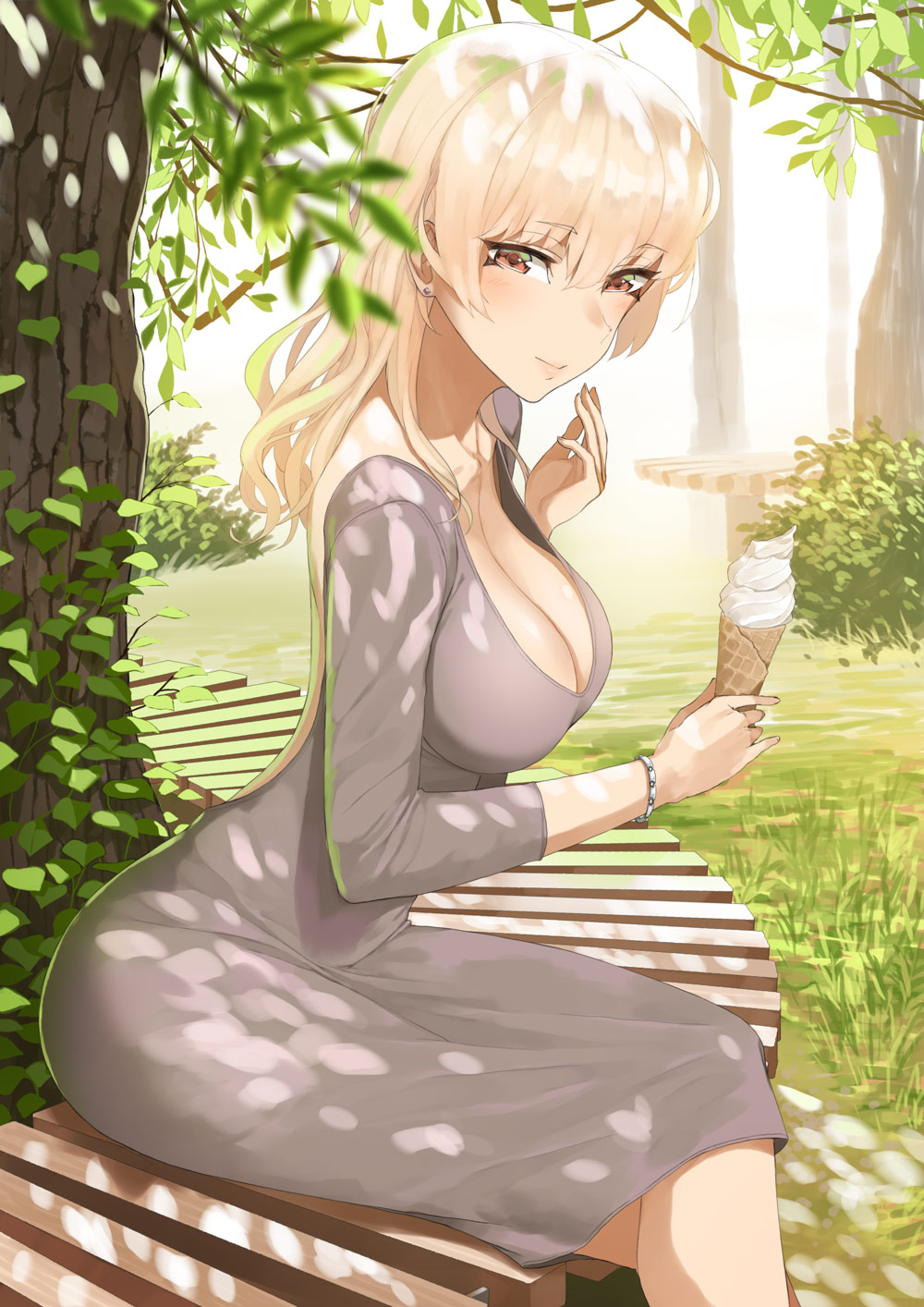 backless_dress backless_outfit bench blonde_hair breasts brown_eyes cleavage closed_mouth commentary crossed_legs day dress english_commentary eyebrows_visible_through_hair food from_side grass grey_dress highres holding ice_cream ice_cream_cone large_breasts long_sleeves looking_at_viewer original outdoors smile solo throtem tree tree_shade wristband