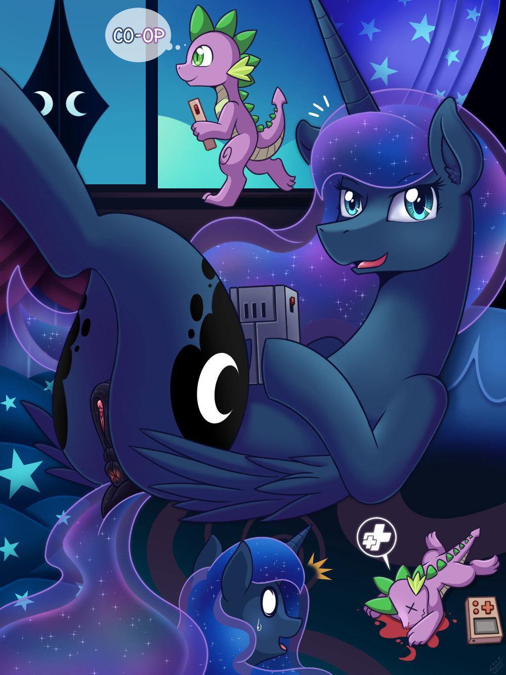 2018 anus bed bedding bedroom blanket blood butt cosmic_hair curtains cute cutie_mark detailed_background dock dragon duo equine eyebrows eyelashes eyes_closed feathered_wings feathers female feral friendship_is_magic game_boy horn looking_at_viewer lying male mammal my_little_pony nintendo nosebleed on_back open_mouth princess_luna_(mlp) pussy spike_(mlp) star startled sweat sweatdrop teal_eyes text thought_bubble tongue unconscious vavacung video_games winged_unicorn wings x_eyes