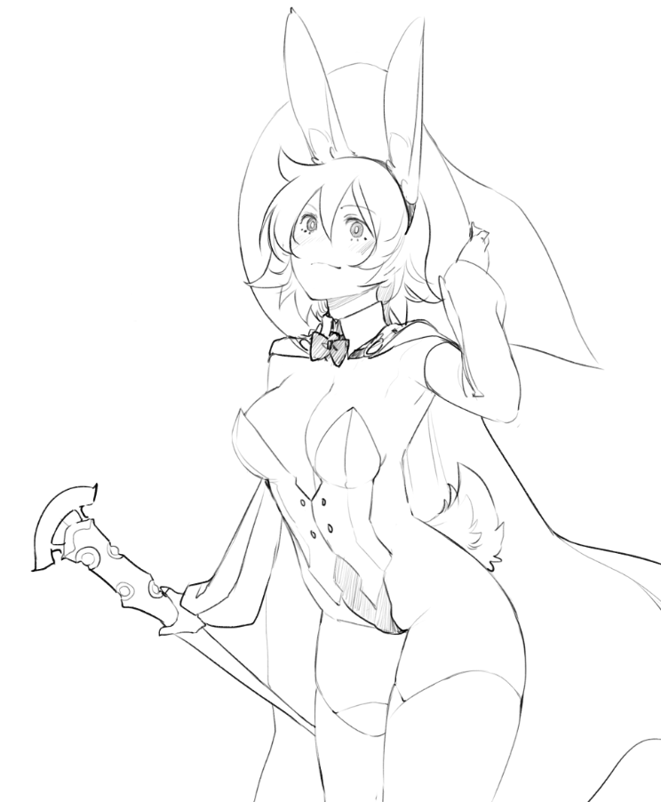 bunny_ears bunny_tail cape chariot_du_nord lineart monochrome red_hair shiny_rod short_hair smile witch witch_hat