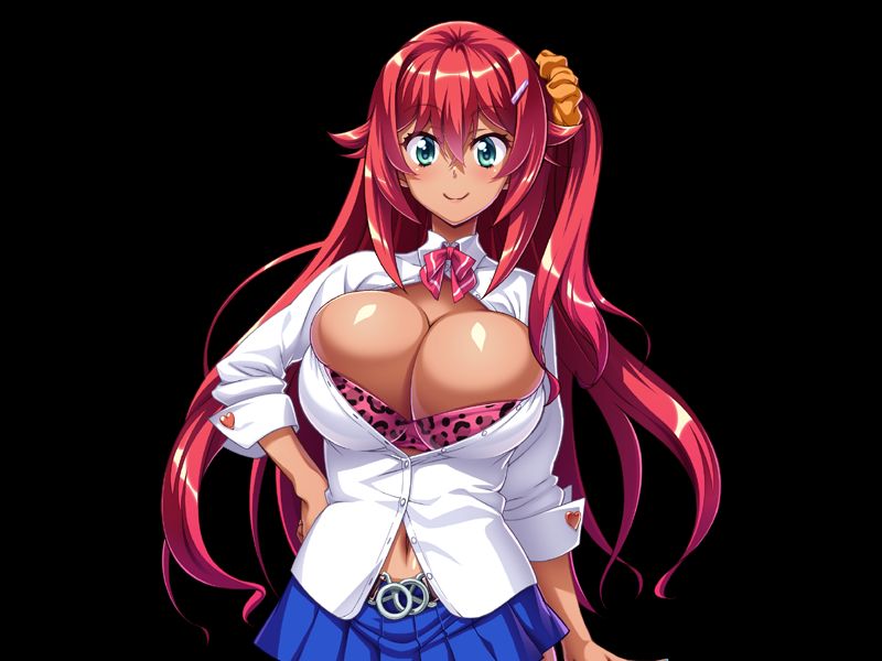 1girl aqua_eyes artist_request blush breasts bursting_breasts cleavage hair_ornament huge_breasts large_breasts long_hair looking_at_viewer navel open_clothes red_hair skirt smile solo source_request white_shirt