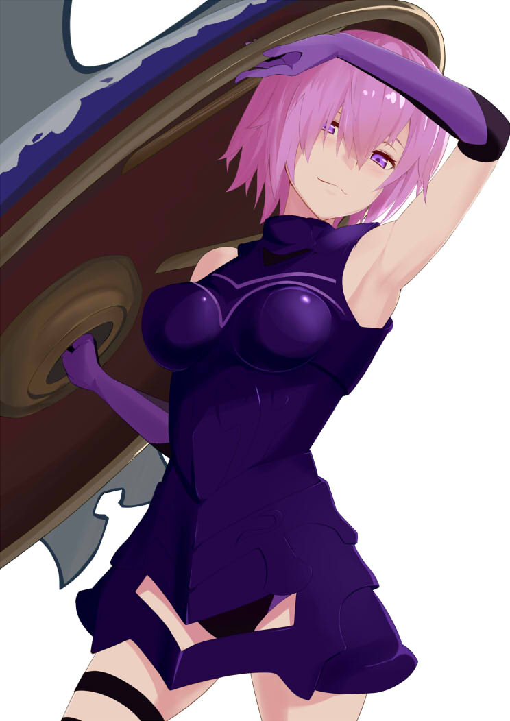arm_up armored_leotard armpits bangs cowboy_shot elbow_gloves fate/grand_order fate_(series) gloves hair_between_eyes holding_shield jack-barro leotard looking_at_viewer mash_kyrielight pink_hair purple_eyes purple_gloves purple_leotard shield short_hair smile solo standing thigh_strap white_background