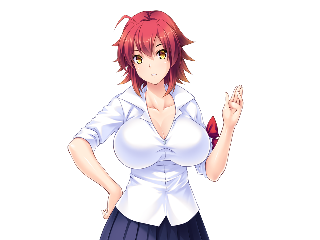 1girl ahoge breasts cleavage large_breasts looking_at_viewer parted_lips red_hair schoolgirl_uniform short_hair solo white_shirt yellow_eyes