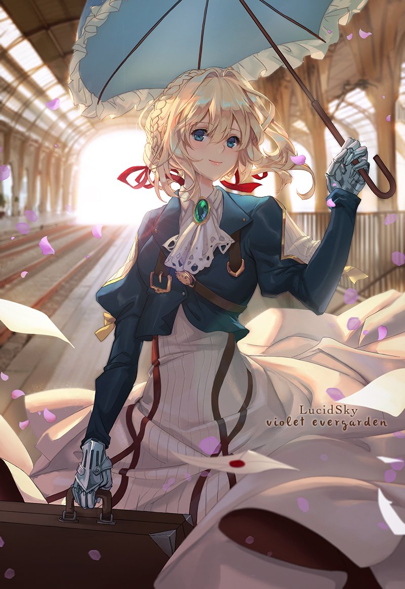 artist_name blonde_hair blue_eyes blue_jacket braid brooch cherry_blossoms closed_mouth commentary copyright_name english_commentary envelope hair_between_eyes hair_intakes hair_ribbon holding holding_umbrella jacket jewelry letter mechanical_arms mechanical_hand mechanical_hands parasol prosthesis prosthetic_arm prosthetic_hand railroad_tracks red_ribbon ribbon skirt smile suitcase train_station umbrella violet_evergarden violet_evergarden_(character) white_neckwear white_skirt yume_ou
