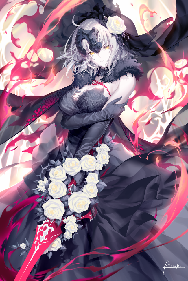 ahoge alternate_hair_length alternate_hairstyle bangs black_dress black_gloves breasts cape commentary_request detached_collar dress elbow_gloves eyebrows_visible_through_hair fate/grand_order fate_(series) floral_print flower fur-trimmed_cape fur_collar fur_trim gloves half-closed_eyes headpiece holding holding_own_arm holding_sword holding_weapon jeanne_d'arc_(alter)_(fate) jeanne_d'arc_(fate)_(all) kousaki_rui large_breasts long_hair looking_at_viewer rose signature silver_hair smile solo strapless strapless_dress sword very_long_hair weapon white_flower white_rose yellow_eyes
