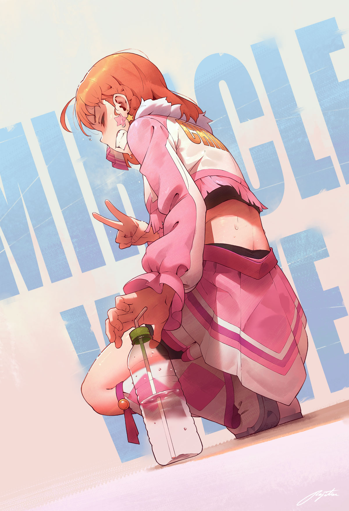 ahoge bangs boots bottle braid clenched_teeth closed_eyes clothes_writing commentary_request cropped_jacket earrings facial_mark frilled_sleeves frills fringe_trim highres jewelry knee_boots long_sleeves love_live! love_live!_sunshine!! miniskirt miracle_wave orange_hair pleated_skirt regition short_hair shorts shorts_under_skirt side_braid skirt solo song_name squatting star star_earrings sweat takami_chika teeth v water_bottle