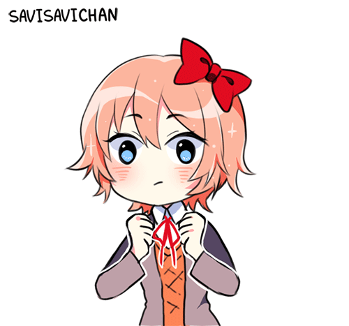 :/ :d animated animated_gif artist_name blue_eyes blush bow chibi commentary doki_doki_literature_club english_commentary eyebrows_visible_through_hair hair_bow happy heart heart-shaped_pupils lowres open_mouth pink_hair red_bow savi_(byakushimc) sayori_(doki_doki_literature_club) school_uniform short_hair simple_background smile solo symbol-shaped_pupils white_background