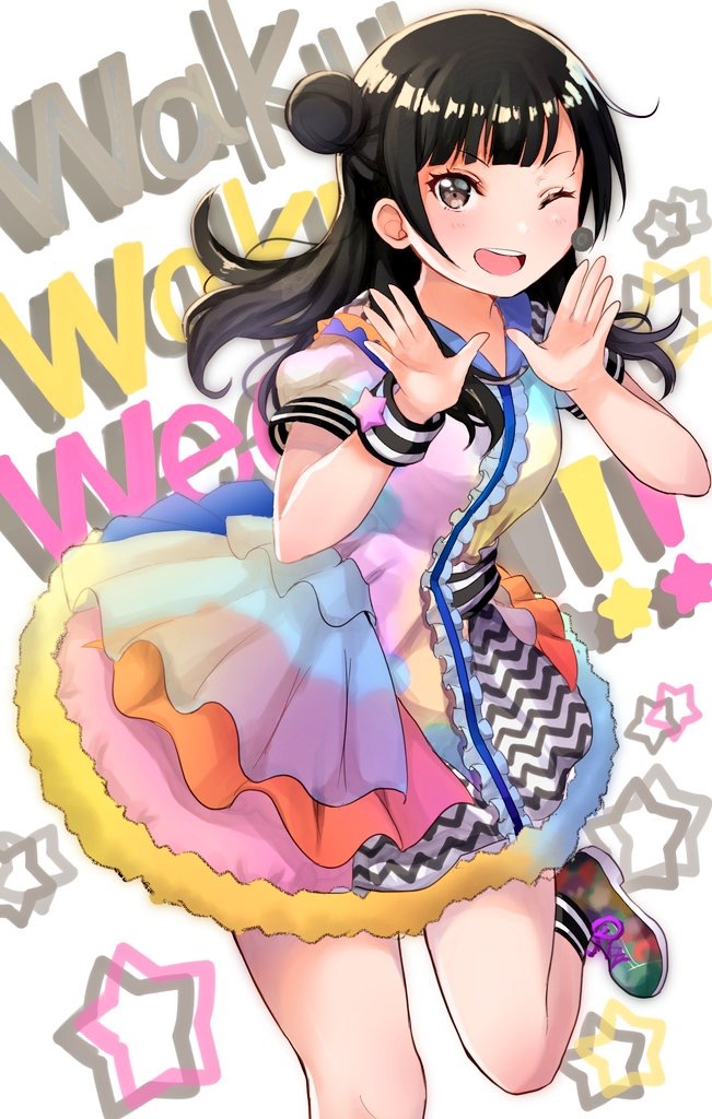 ;d bangs black_eyes black_hair center_frills dress hands_up kobayashi_aika looking_at_viewer love_live! love_live!_sunshine!! mia_(fai1510) multicolored multicolored_clothes multicolored_dress multicolored_footwear one_eye_closed open_mouth round_teeth seiyuu seiyuu_connection shoes short_sleeves side_bun smile sneakers solo song_name standing standing_on_one_leg star teeth tsushima_yoshiko upper_teeth