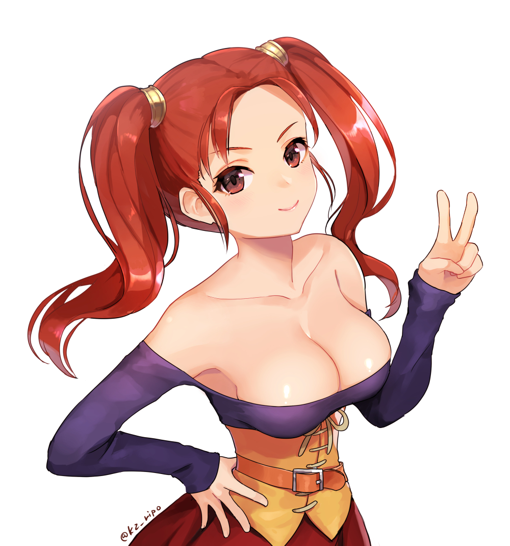 bare_shoulders belt belt_buckle breasts buckle cleavage closed_mouth collarbone corset dragon_quest dragon_quest_viii hand_on_hip jessica_albert kz_ripo large_breasts long_hair long_sleeves looking_at_viewer no_bra off-shoulder_shirt off_shoulder orange_belt purple_shirt red_eyes red_hair shirt simple_background sleeves_past_wrists smile solo twintails twitter_username upper_body v white_background