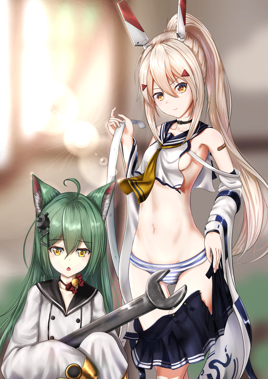 ahoge akashi_(azur_lane) animal_ears ayanami_(azur_lane) azur_lane bandaid bandaid_on_arm bell bell_collar blurry blurry_background breasts cat_ears chestnut_mouth collar collarbone commentary_request detached_sleeves eyebrows_visible_through_hair groin hair_between_eyes hair_ornament highres long_hair long_sleeves looking_at_viewer mechanical_horns multiple_girls navel open_mouth panties ponytail shumeia small_breasts smile striped striped_panties underwear undressing wrench yellow_eyes