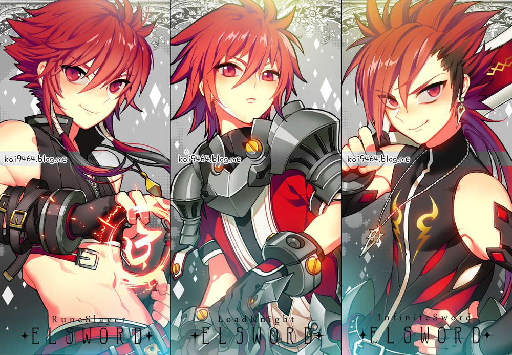 artist_name bangs black_gloves black_hair black_shirt character_name closed_mouth copyright_name elsword elsword_(character) fingerless_gloves frown gloves hair_between_eyes hand_up holding holding_sword holding_weapon infinity_sword_(elsword) long_hair lord_knight_(elsword) midriff multicolored_hair multiple_boys multiple_persona pika_(kai9464) red_eyes red_hair red_shirt rune_slayer_(elsword) runes shirt short_hair shoulder_armor sleeveless sleeveless_shirt smile sword upper_body weapon