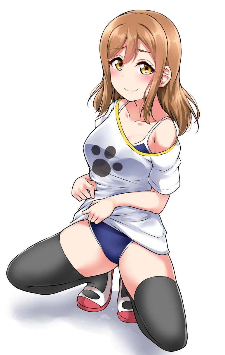 bangs black_legwear blush brown_hair collarbone commentary_request competition_school_swimsuit eyebrows_visible_through_hair highres kunikida_hanamaru lifted_by_self long_hair looking_at_viewer love_live! love_live!_sunshine!! no_pants off-shoulder_shirt paw_print print_shirt shirt shirt_lift shoes short_sleeves smile solo spread_legs squatting swimsuit swimsuit_under_clothes t-shirt thighhighs uwabaki white_background yellow_eyes yopparai_oni