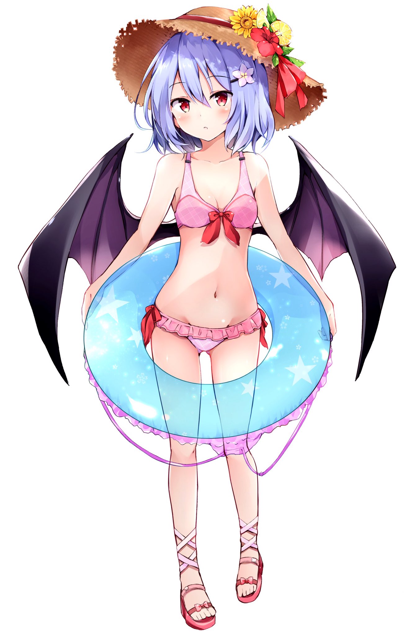 bare_arms bare_shoulders bat_wings bikini blue_hair blush bow bow_bikini breasts brown_hat cleavage collarbone commentary_request eyebrows_visible_through_hair flower frilled_bikini frills full_body groin hair_between_eyes hair_flower hair_ornament hairclip hat hat_flower hat_ribbon highres hyurasan innertube leaf looking_at_viewer navel parted_lips pink_bikini red_bow red_eyes red_footwear red_ribbon remilia_scarlet ribbon sandals short_hair simple_background small_breasts solo standing star star_print stomach sun_hat swimsuit touhou white_background white_flower wings yellow_flower