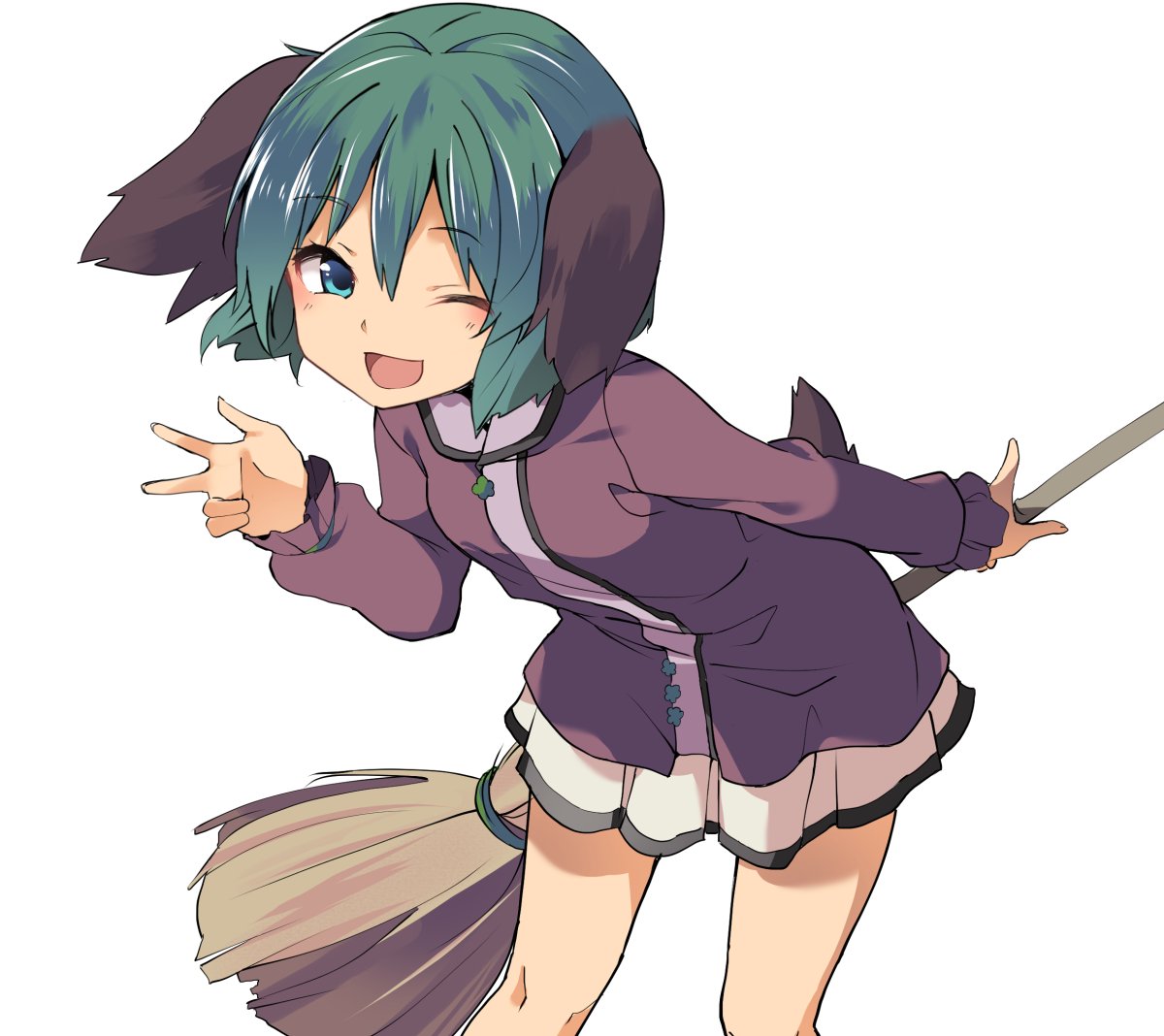 animal_ears aqua_eyes bangs bent_over blush breasts broom cowboy_shot dog_ears dress eyebrows_visible_through_hair green_hair hair_between_eyes happy hasebe_yuusaku holding holding_broom kasodani_kyouko long_sleeves looking_at_viewer one_eye_closed open_mouth outline purple_dress shiny shiny_hair short_hair simple_background skirt small_breasts smile solo thighs touhou v white_background white_skirt