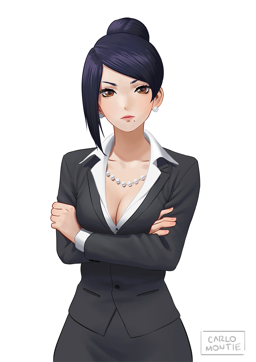 artist_name asymmetrical_bangs bangs bijin_onna_joushi_takizawa-san black_hair breasts brown_eyes carlo_montie cleavage collared_shirt cowboy_shot crossed_arms formal hair_bun jewelry large_breasts lips long_sleeves looking_at_viewer medium_breasts mole mole_under_mouth necklace office_lady pearl_necklace pencil_skirt pink_lips shirt simple_background skirt solo standing suit swept_bangs takizawa_kyouko white_background