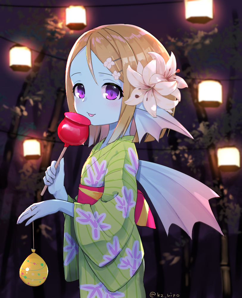 bamboo blonde_hair blue_skin blurry blurry_background blush candy_apple closed_mouth dragon_quest dragon_quest_x fins flat_chest flower food from_side green_kimono hair_flower hair_ornament hairclip head_fins holding japanese_clothes kimono kz_ripo lantern lily_(flower) long_sleeves medium_hair night obi outdoors purple_eyes sash smile solo somya_(dq10) tongue tongue_out twitter_username weddie_(dq10) white_flower wide_sleeves