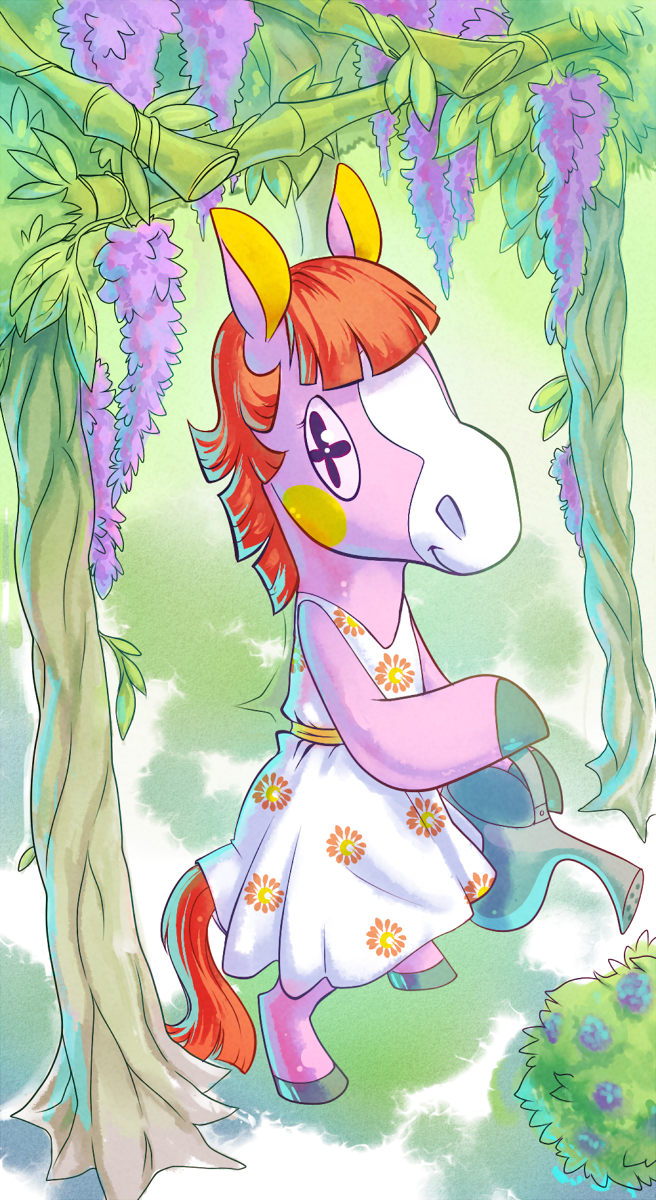 2013 animal_crossing anthro barefoot biped cheek_spot clothed clothing cross_pupils digital_drawing_(artwork) digital_media_(artwork) digitigrade dress equine eyelashes eyrri female flat_chested flower full-length_portrait gardening grass grey_hooves hair high-angle_view holding_object hooves horse lighting looking_at_viewer mammal mane nintendo outside peaches_(animal_crossing) pink_body plant portrait purple_eyes red_hair red_tail shrub side_view smile snout solo standing toony tree trellis two_tone_body unusual_pupils video_games watering_can white_body white_clothing wisteria_(flower)