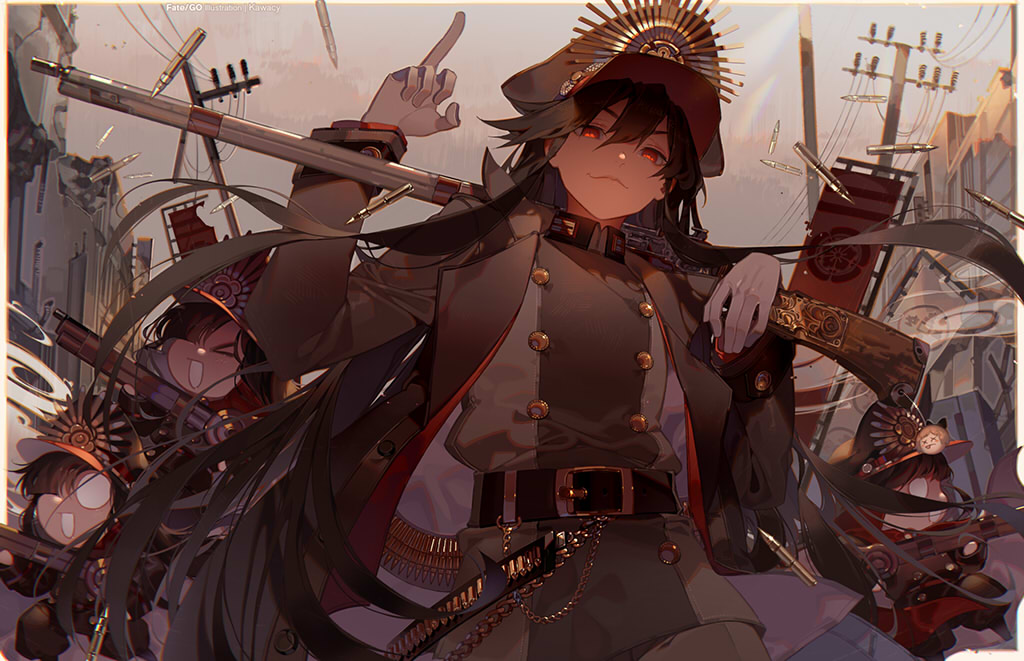 &gt;_&lt; antique_firearm artist_name bangs belt belt_buckle black_hair buckle building bullet chain chibi commentary_request copyright_name double-breasted fate/grand_order fate_(series) firearm firing flag gloves gun hair_between_eyes hand_up hat holding holding_gun holding_weapon jacket kawacy keikenchi_(style) koha-ace long_hair long_sleeves looking_at_viewer middle_finger multiple_girls oda_nobunaga_(fate) oda_uri outdoors over_shoulder peaked_cap power_lines red_eyes sky smile smoke standing weapon weapon_over_shoulder white_gloves