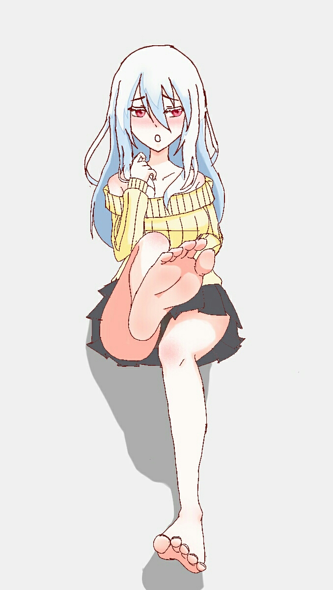 1girl barefoot blush feet light_blue_hair long_hair looking_away off_shoulder one_leg_raised original parted_lips pov red_eyes soles toes