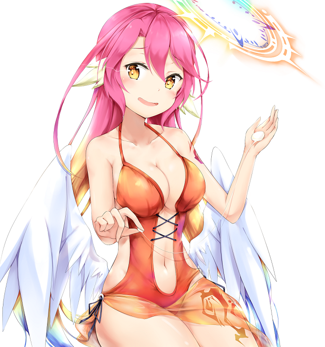 blue_hair blush breasts collarbone eyebrows_visible_through_hair feathered_wings hair_between_eyes halo halterneck head_tilt ikasoke_(likerm6au) jibril_(no_game_no_life) long_hair looking_at_viewer lotion medium_breasts multicolored_hair navel no_game_no_life one-piece_swimsuit open_mouth orange_eyes orange_hair orange_swimsuit pink_hair sarong sitting smile solo sunscreen swimsuit tattoo very_long_hair white_wings wings