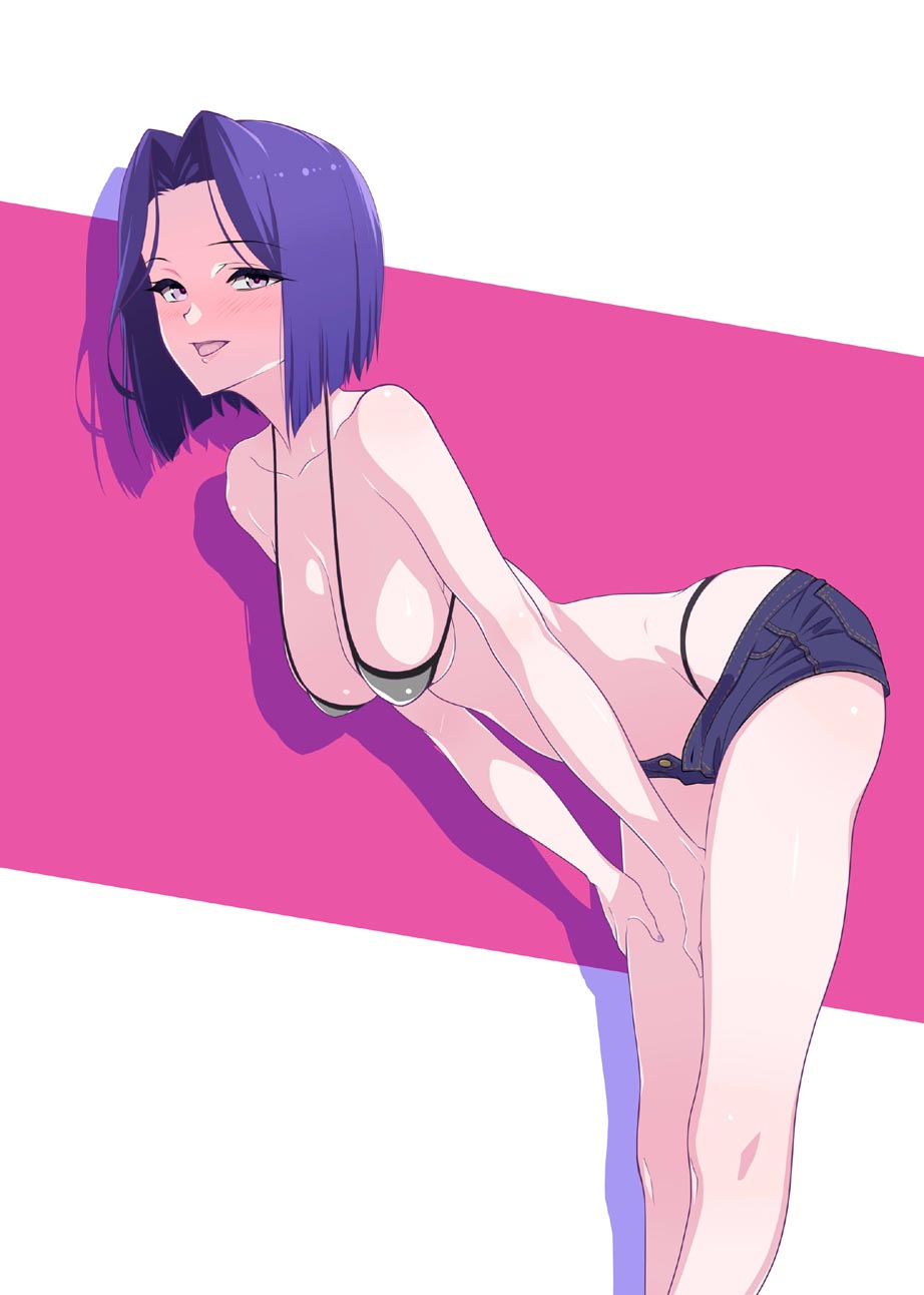 bangs bent_over bikini breasts cleavage commentary denim denim_shorts halterneck hands_on_own_thighs highres jpeg_artifacts kantai_collection kurihara_kenshirou looking_at_viewer open_pants parted_bangs purple_eyes purple_hair short_hair short_shorts shorts simple_background smile solo standing swimsuit tatsuta_(kantai_collection) white_bikini
