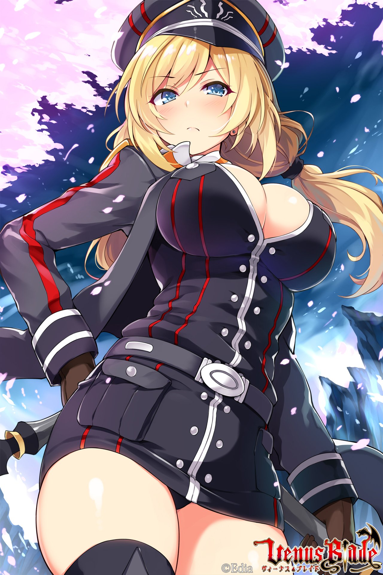 arm_behind_back belt black_hairband blonde_hair blue_dress blue_eyes blue_sky blush breasts brown_gloves cherry_blossoms cleavage closed_mouth commentary copyright_name dress dual_wielding earrings from_below frown gloves hairband hat highres hisenkaede holding jacket jewelry large_breasts long_hair looking_at_viewer low-tied_long_hair military military_hat military_uniform open_clothes open_jacket sky solo thighhighs underboob uniform venus_blade weapon