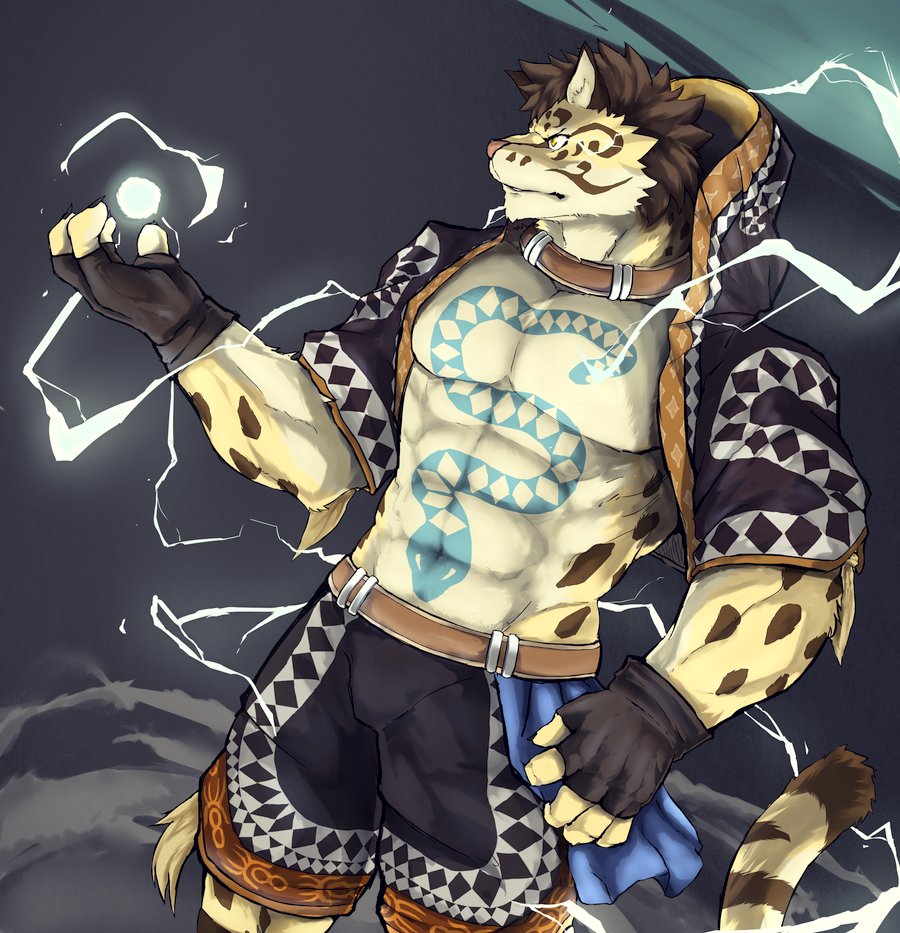 2018 abs anthro clothed clothing clouded_leopard feline fur hi_res hoodie ka_n_ka_n_ria leopard likulau male mammal muscular nekojishi pecs simple_background spots tattoo