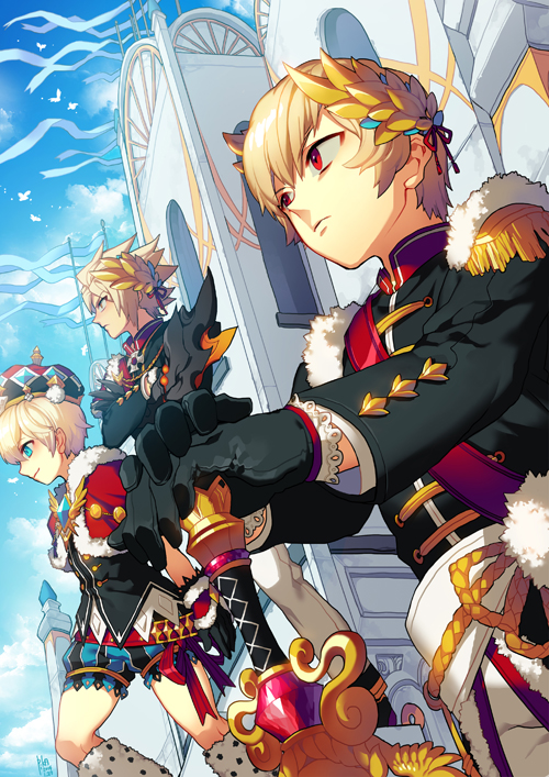 black_gloves blonde_hair blue_eyes building chung_seiker closed_mouth crossed_arms elsword elsword_(character) epaulettes from_side gloves hair_ornament hand_on_hilt male_focus multiple_boys pika_(kai9464) planted_sword planted_weapon raven_(elsword) reckless_fist_(elsword) red_eyes shorts sword weapon