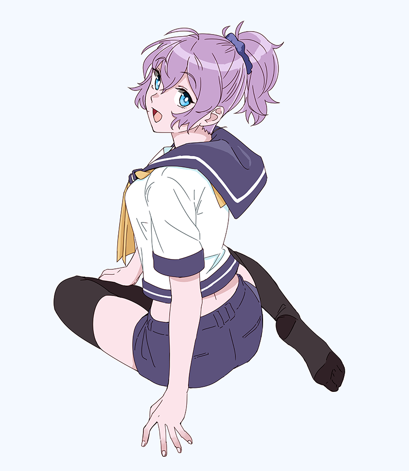 aoba_(kantai_collection) black_legwear blue_eyes blue_scrunchie blue_shorts from_behind grey_background kantai_collection looking_at_viewer looking_back neckerchief ojipon open_mouth ponytail purple_hair school_uniform scrunchie serafuku shorts simple_background sitting smile solo thighhighs wariza yellow_neckwear