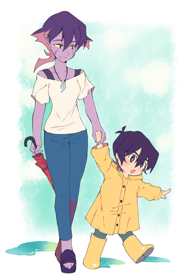 1girl black_hair boots child closed_umbrella facial_mark grey_eyes holding_hands hyakujuu-ou_golion jewelry keith_(voltron) krolia miyata_(lhr) mother_and_son necklace pants pointy_ears puddle purple_eyes purple_hair purple_skin raincoat rubber_boots sandals smile spoilers umbrella voltron:_legendary_defender walking yellow_sclera younger