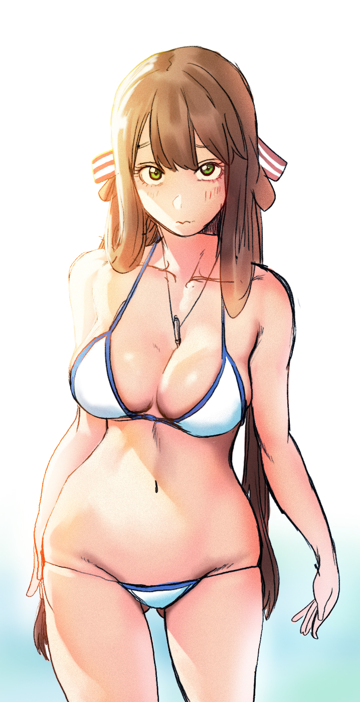 ass_visible_through_thighs bangs bikini blush breasts brown_hair cleavage closed_mouth collarbone commentary_request girls_frontline gradient gradient_background green_eyes groin hair_between_eyes hair_ribbon hair_rings highres ihobus jewelry korean_commentary large_breasts long_hair looking_at_viewer lowleg lowleg_bikini m1903_springfield_(girls_frontline) navel necklace ribbon sidelocks simple_background skindentation smile stomach swimsuit thighs wavy_mouth