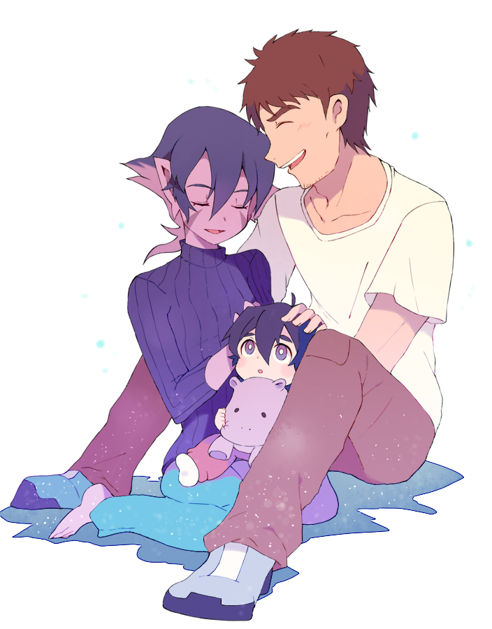 2boys black_hair brown_hair child closed_eyes facial_mark family grey_eyes hand_on_another's_head hyakujuu-ou_golion keith's_father_(voltron) keith_(voltron) krolia miyata_(lhr) multiple_boys open_mouth pointy_ears purple_hair purple_skin ribbed_sweater sitting smile spoilers stuffed_animal stuffed_hippopotamus stuffed_toy sweater turtleneck turtleneck_sweater voltron:_legendary_defender younger