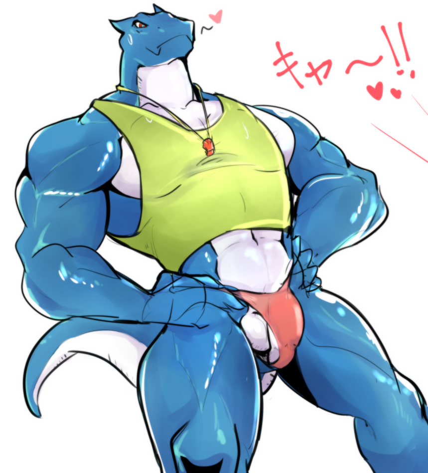&lt;3 barely_visible_genitalia blue_skin bulge clothed clothing ineffective_clothing male multicolored_skin muscular muscular_male penis_outline reptile scalie solo subtle_penis swimsuit whistle white_skin