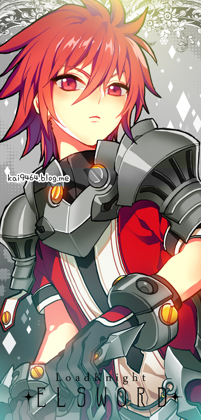 artist_name bangs black_gloves character_name copyright_name elsword elsword_(character) gloves hair_between_eyes hilt holding holding_sword holding_weapon looking_at_viewer lord_knight_(elsword) pika_(kai9464) red_eyes red_hair red_shirt shirt short_hair shoulder_armor solo sword upper_body weapon