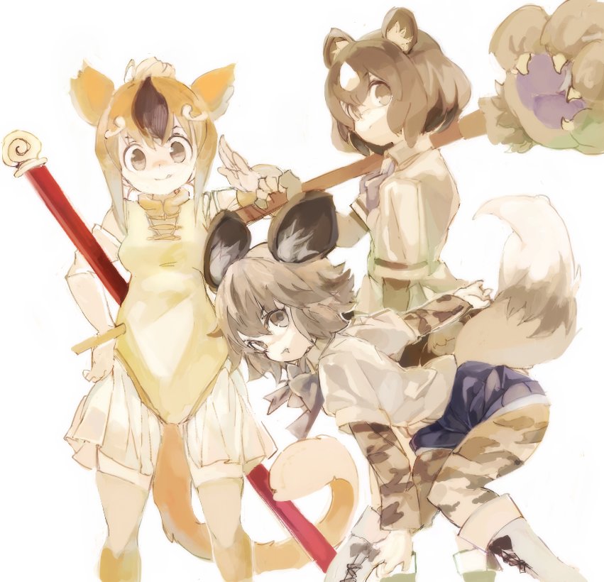 african_wild_dog_(kemono_friends) african_wild_dog_print animal_ears bare_shoulders bear_ears bear_paw_hammer blonde_hair boots bow bowtie bracelet brown_bear_(kemono_friends) brown_hair circlet collared_shirt commentary_request denim denim_shorts dog_ears dog_tail elbow_gloves fang gloves golden_snub-nosed_monkey_(kemono_friends) jewelry kemono_friends konabetate leotard long_sleeves monkey_ears monkey_tail multicolored_hair multiple_girls pale_color pantyhose shirt short_hair short_shorts short_sleeves shorts sidelocks simple_background tail thighhighs weapon white_background white_hair