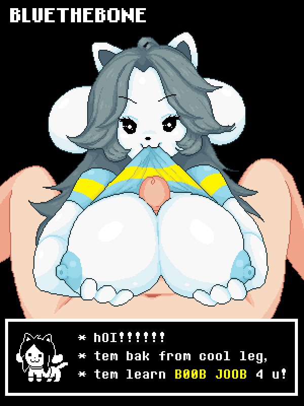 2018 animated anthro big_breasts big_ears bluethebone breasts canine clothed clothing clothing_lift dialogue digital_media_(artwork) english_text feline female fur looking_at_viewer loop mammal nipples pixel_(artwork) pixel_animation sex shirt shirt_lift smile solo temmie_(undertale) text titfuck undertale video_games white_fur