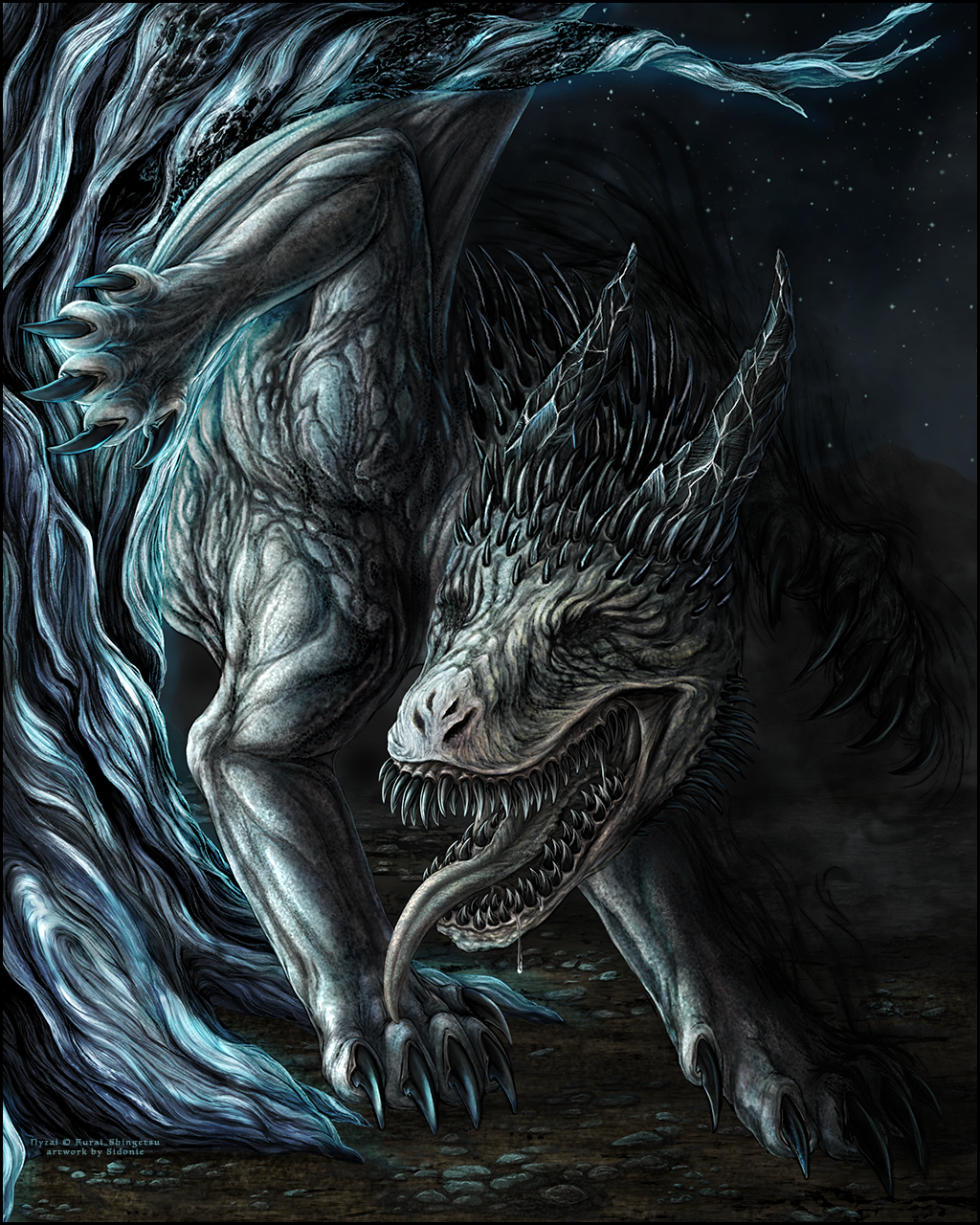 2018 detailed_background digital_media_(artwork) dragon feral horn night open_mouth outside sidonie sky solo standing star starry_sky teeth tongue