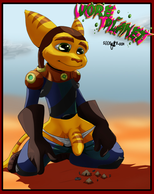 2008 anthro balls bulge clothed clothing foreskin fur green_eyes green_roon humanoid_penis kneeling lombax macro male mammal pants pants_down partially_clothed penis ratchet ratchet_and_clank underwear video_games yellow_fur