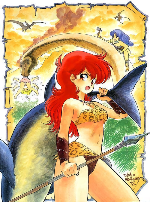 akaishizawa_takashi animal_print artist_name axe bikini blonde_hair blue_hair breasts carrying_over_shoulder cleavage daitokuji_biko dated dinosaur holding holding_axe holding_spear holding_weapon jewelry kotobuki_shiiko leopard_print long_hair looking_at_viewer magami_eiko mouth_hold navel necklace non-web_source official_art open_mouth polearm prehistoric_animal project_a-ko red_eyes red_hair spear swimsuit weapon