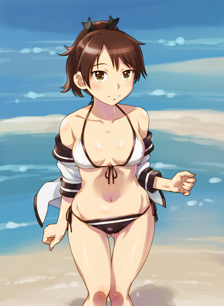 adapted_costume ass_visible_through_thighs bikini black_bikini_bottom black_ribbon breasts brown_eyes brown_hair covered_nipples cowboy_shot front-tie_top hair_ribbon kantai_collection looking_at_viewer mismatched_bikini open_clothes open_shirt ponytail ribbon sameha_ikuya shikinami_(kantai_collection) shirt side-tie_bikini small_breasts solo swimsuit white_bikini_top white_shirt